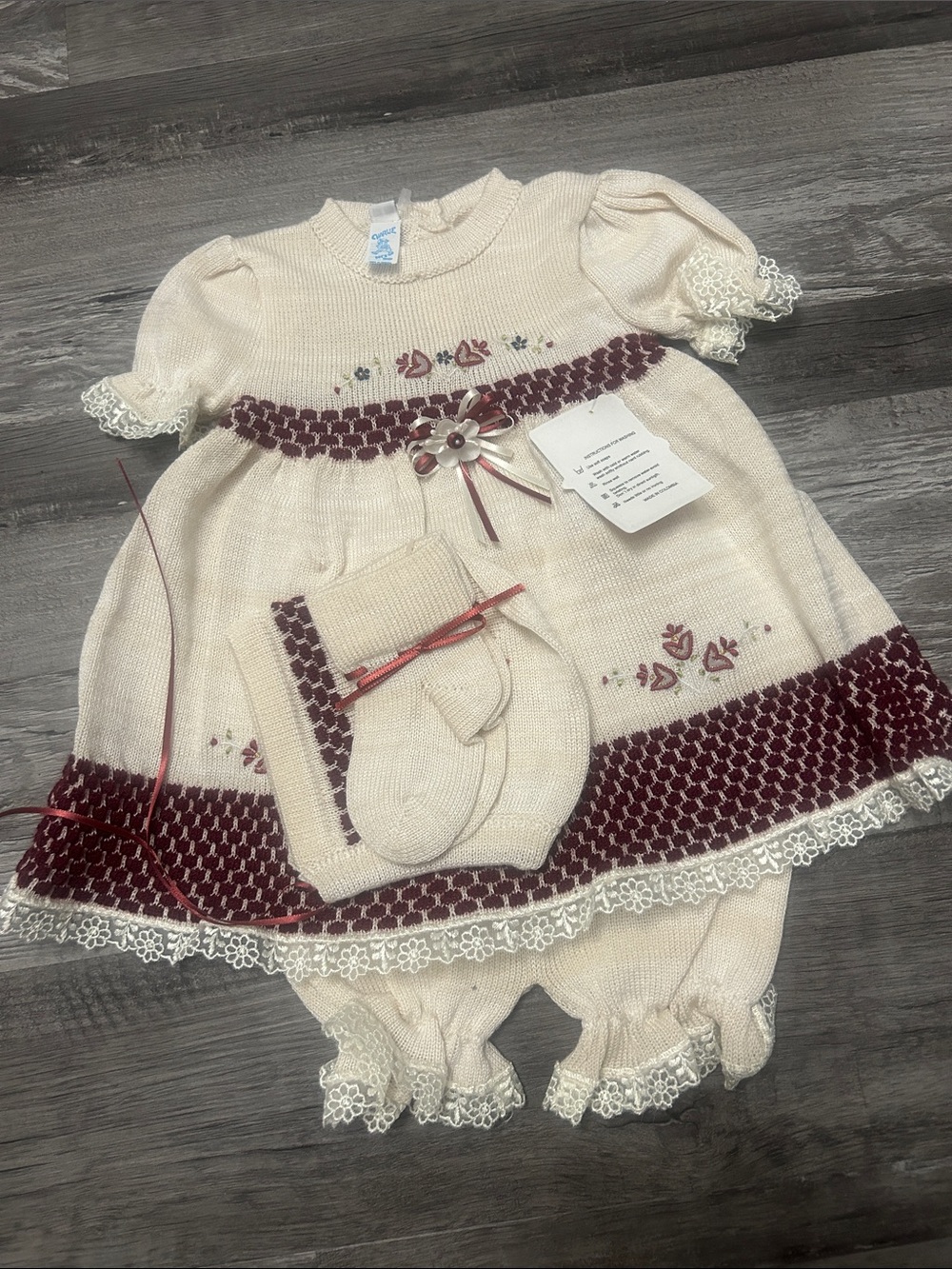 Ivory & Burgundy Knit Baby Dress Set